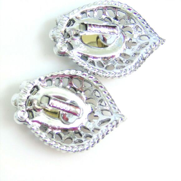 Emmons Signed Demi Parure BROOCH & EARRINGS Clip-On Set Faux Blue Opal & Pearls - Picture 4 of 5